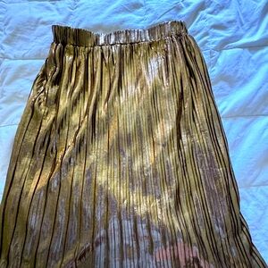 Metallic pleated skirt with attached slip.